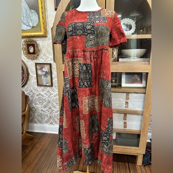 Bohemian Patchwork Maxi Dress in Red and Black - modest dress - Picture 1 of 3